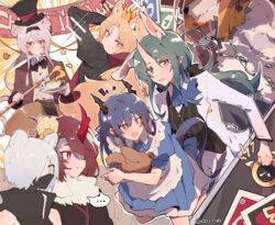  ... 1boy 6+girls alice_(alice_in_wonderland) alice_(alice_in_wonderland)_(cosplay) alice_in_wonderland alternate_costume animal_ears apron arknights ascot aunt_and_niece black_bow black_bowtie black_hairband black_headwear black_mask blue_ascot blue_bow blue_bowtie blue_dress blue_eyes blue_hair bow bowtie brown_jacket center_frills ch&#039;en_(arknights) closed_mouth commentary_request cosplay crown cup dated_commentary dragon_girl dragon_horns dragon_tail dress earrings ferret_ears ferret_girl flower formal frills furry furry_male green_eyes green_hair hair_flower hair_ornament hairband hat highres holding holding_cup horns hoshiguma_(arknights) husband_and_wife jacket jewelry kyou_039 lin_(arknights) long_hair looking_at_viewer mad_hatter_(alice_in_wonderland) mad_hatter_(alice_in_wonderland)_(cosplay) mask mini_crown mouse_ears mouse_girl mouth_mask multiple_girls ninja ninja_mask oerba_yun_fang oni open_mouth parted_lips pink_hair pointy_ears princess_fumizuki_(arknights) rabbit_ears red_eyes shirayuki_(arknights) shirt short_hair sigh single_horn skin-covered_horns skin_fang smile spade_(shape) spade_earrings sparkle speech_bubble spoken_ellipsis star_(symbol) stoat_girl suit suit_jacket swire_(arknights) tail teacup tiger_ears tiger_girl top_hat twitter_username uncle_and_niece uno_(game) waistcoat wei_yenwu_(arknights) white_apron white_hair white_jacket white_rabbit_(alice_in_wonderland) white_rabbit_(alice_in_wonderland)_(cosplay) white_shirt 