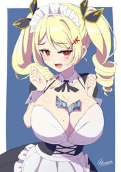  absurdres apron artist_name banknote between_breasts black_ribbon blonde_hair breasts bright_pupils detached_collar female frilled_apron frills hair_ornament hair_ribbon highres large_breasts maid maid_apron maid_headdress mole mole_on_breast mole_under_eye money neck_ribbon oerba_yun_fang original red_eyes ribbon sakamata_(sakamata4) solo twintails two-tone_dress white_pupils white_wrist_cuffs wrist_cuffs yen_sign 