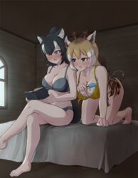  2girls absurdres all_fours animal_ears animal_print bed bedroom black_eyes black_hair blonde_hair blue_eyes blush book bra breasts brown_hair ceiling cleavage collarbone crossed_legs dripping eyelashes food furrowed_brow giraffe_ears giraffe_girl giraffe_horns giraffe_print giraffe_tail grey_bra grey_panties grey_wolf_(kemono_friends) hair_between_eyes hanging_breasts heterochromia highres holding holding_book holding_food horns indoors kemono_friends kyonin_dofu large_breasts long_hair looking_at_another looking_at_object melting multicolored_hair multiple_girls nose_blush on_bed open_book panties parted_bangs print_bra reticulated_giraffe_(kemono_friends) sitting strap_gap sweat tail underwear underwear_only white_hair window wolf_ears wolf_tail wooden_wall yellow_eyes 