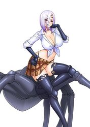  arachne arthropod_girl arthropod_limbs breasts cleavage collarbone extra_eyes eyes_visible_through_hair female highleg highleg_panties large_breasts light_purple_hair midriff monster_girl monster_musume_no_iru_nichijou navel official_art okayado panties plaid plaid_skirt pleated_skirt rachnera_arachnera red_eyes school_uniform shirt short_hair simple_background skirt smile solo spider_girl taur tied_shirt underwear white_background white_shirt 