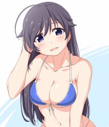  ahoge bikini black_hair blue_bikini blue_eyes breasts cleavage collarbone commentary dou-t female front-tie_bikini_top front-tie_top girls_und_panzer halterneck hand_on_own_head isuzu_hana long_hair looking_at_viewer navel open_mouth skindentation smile solo string_bikini swimsuit upper_body wet wet_hair 