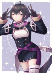  absurdres adapted_costume ahoge arms_up black_hair border dress female fire_emblem fire_emblem_awakening fire_emblem_heroes highres hood looking_at_viewer morgan_(female)_(fire_emblem) morgan_(fire_emblem) official_alternate_costume one_eye_closed purple_eyes reia_hana short_dress short_hair simple_background smile solo star_(symbol) thighhighs v white_border zettai_ryouiki 