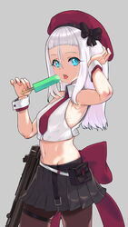  armpit_cutout armpits beret black_bow black_skirt blue_eyes bow breasts clothing_cutout collared_shirt commentary cowboy_shot eyelashes female food girls&#039;_frontline grey_background gun h&amp;k_mp5 hair_between_eyes hat hat_bow highres jamgom large_bow licking long_eyelashes long_hair looking_at_viewer midriff mp5_(girls&#039;_frontline) navel necktie open_mouth pantyhose pleated_skirt popsicle red_bow red_hat red_necktie shirt simple_background skirt sleeveless sleeveless_shirt small_breasts solo straight_hair submachine_gun tongue weapon white_hair white_shirt wrist_cuffs 