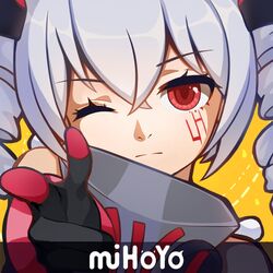  bare_shoulders black_gloves bronya_zaychik bronya_zaychik_(black_nucleus) close-up closed_mouth company_name drill_hair female finger_gun gloves grey_hair hair_between_eyes honkai_(series) honkai_impact_3rd index_finger_raised nalukikiki one_eye_closed parody pointing pointing_at_viewer portrait red_eyes simple_background solo twin_drills yellow_background 