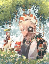  2girls :o animal_ear_headphones animal_ears animal_feet animal_on_head backpack bag bendy_straw black_dress black_sweater_vest blonde_hair blue_eyes branch calico cat_ear_headphones cat_ears cat_on_head cat_tail collared_shirt commentary_request dress drink drinking_straw eye_contact fake_animal_ears feline fish flower from_side grey_background hand_up headphones highres holding holding_carton holding_drink holding_leaf id_card leaf leaf_umbrella long_hair long_sleeves looking_at_another medium_hair milk milk_carton mini_person minigirl mouth_hold multiple_girls oimo_imoo on_animal on_head open_bag original outdoors parted_lips paw_print plant print_bag profile red_flower red_ribbon ribbon shirt sweater_vest tail tail_ornament tail_ribbon vines white_flower white_hair white_shirt white_tail wide_sleeves wing_collar 