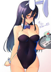  alternate_costume animal_ears bare_legs black_hair black_leotard blue_bow blue_bowtie blush bow bowtie breasts bunny_day cherry cocktail_glass collarbone cowboy_shot cup date_pun dated detached_collar drinking_glass embarrassed fake_animal_ears female food fruit grey_eyes hair_between_eyes holding holding_tray kantai_collection large_breasts leotard looking_at_viewer number_pun oyashio_(kancolle) playboy_bunny rabbit_ears simple_background solo strapless strapless_leotard taketora_suzume tray white_background wrist_cuffs 