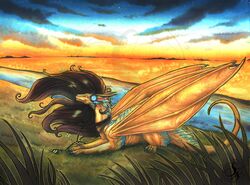  2020 brown_hair claws dragon female feral fur furred_dragon furred_scalie grass hair membrane_(anatomy) membranous_wings mythological_creature mythological_scalie mythology natoli plant river scalie solo tail traditional_media_(artwork) wings 