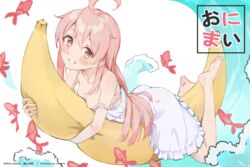  ahoge artist_name bad_id bad_pixiv_id banana_boat bare_arms bare_legs bare_shoulders barefoot breasts cleavage commentary dress female frilled_dress frills haru_on highres hugging_object long_hair lying mixed-language_commentary on_banana on_stomach onii-chan_wa_oshimai! oyama_mahiro pink_hair small_breasts smile soles solo strap_slip sundress toes water waves white_background white_dress 