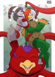  2020 accidental_holly anthro arm_warmers armwear avian bird breasts christmas clothed clothing deer digital_colors digital_media_(artwork) female galliform group hi_res holidays holly_(plant) legwear mammal phasianid plant stockings stogiegoatarts tentacle_robot toeless_legwear turkey 