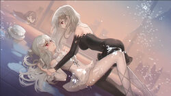  2girls arknights ass bare_shoulders bird black_dress black_thighhighs blush breasts chinese_commentary commentary_request cup dress drinking_glass dutch_angle eye_contact feet_out_of_frame from_side grey_hair hair_between_eyes hand_up hat highres holding holding_cup kneeling large_breasts long_hair long_sleeves looking_at_another lying magallan_(arknights) multiple_girls on_back parted_lips penguin profile red_eyes short_dress skadi_(arknights) specter_(arknights) thighhighs thighs unworn_hat unworn_headwear white_headwear white_legwear yizhibao yuri 