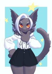  2022 anthro black_body black_fur blush bottomwear clothed clothing domestic_cat fangs felid feline felis female fur hair mammal orange_eyes simple_background skirt solo standing teeth unousaya white_clothing white_hair 