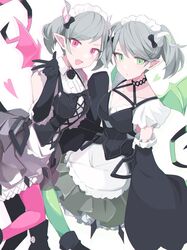  2girls arianna_the_labrynth_servant arianne_the_labrynth_servant black_gloves breasts choker cleavage collarbone commentary demon_girl demon_horns demon_tail demon_wings detached_sleeves dress duel_monster elbow_gloves feet_out_of_frame frilled_gloves frills gloves green_eyes green_wings grey_hair hand_up highres horns long_sleeves maid_headdress multiple_girls open_mouth pantyhose pink_eyes pink_wings sakuragi_raia short_twintails symbol-only_commentary tail twintails wide_sleeves wings yu-gi-oh! 