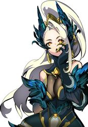  arm_behind_back bare_shoulders blonde_hair claws coven_zyra covered_navel earrings feather_trim feathers female highres jewelry league_of_legends long_hair mknnkm2 open_mouth orange_eyes platinum_blonde_hair ponytail simple_background single_earring solo tongue white_background zyra 