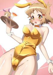  animal_ears blonde_hair breasts detached_collar fake_animal_ears fake_tail female highleg highleg_leotard highres leotard playboy_bunny rabbit_ears rabbit_tail senki_zesshou_symphogear senki_zesshou_symphogear_xd_unlimited short_sleeves strapless strapless_leotard tachibana_hibiki_(symphogear) tail thick_thighs thighs yellow_eyes yellow_leotard yukitsuba_hina 