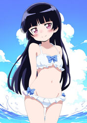  arms_behind_back bikini black_hair blue_bow blue_sky blush bow cloud cloudy_sky cowboy_shot cumulonimbus_cloud female frilled_bikini frills gokou_ruri head_tilt hime_cut looking_at_viewer mizusaki_johnko mole mole_under_eye navel ocean ore_no_imouto_ga_konna_ni_kawaii_wake_ga_nai red_eyes sky smile solo swimsuit white_bikini 