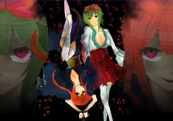  2girls black_eyes blood blue_kimono bound bound_wrists bow breasts cleavage commentary_request empty_eyes evil_smile green_eyes green_hair gumi gumi09 hairbow hakama hakama_skirt hatsune_miku japanese_clothes kimono kitsune_no_yomeiri_(vocaloid) large_breasts long_hair long_sleeves looking_at_viewer multiple_girls multiple_views obi oborozuka_akari oni_to_kitsune_no_hanashi partial_commentary red_bow red_eyes red_hair red_skirt sash shishikusa_mai short_hair skirt smile thighhighs twintails upside-down vocaloid white_thighhighs wide_sleeves 