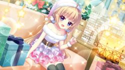  bare_shoulders belt black_thighhighs blue_eyes blurry blurry_foreground box breasts brick_wall brown_belt christmas christmas_ornaments christmas_tree cleavage collarbone couch cup dot_nose dress drink dutch_angle female film_grain fire fireplace game_cg gift gift_box hat holding holding_cup holding_drink indoors itsumura_haruka izumi_tsubasu jewelry layered_skirt lens_flare light_brown_hair long_hair looking_at_viewer low_twintails necklace non-web_source off-shoulder_dress off_shoulder official_art on_couch open_mouth pearl_necklace pink_hat plant plate potted_plant re:stage! rug santa_hat short_dress sitting skirt small_breasts smile snowflake_print solo sparkle star_(symbol) thighhighs tinsel twintails white_dress white_wristband wooden_floor zettai_ryouiki 