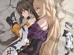  2girls ahoge asymmetrical_gloves bare_shoulders bed black-framed_eyewear black_gloves blonde_hair blush braid brown_hair brown_pantyhose chenxue_(honkai_impact) chinese_commentary closed_eyes commentary_request cross-laced_clothes cross-laced_legwear detached_sleeves earrings entropy_(honkai_impact_3rd) evzeva eyelashes feline female_dreamseeker_(honkai_impact) glasses gloves hair_between_eyes hair_down high-waist_shorts highres honkai_(series) honkai_impact_3rd hug hug_from_behind jewelry long_hair long_sleeves lying mismatched_gloves multicolored_hair multiple_girls off_shoulder on_bed on_side orange_sleeves pantyhose parted_lips partially_fingerless_gloves pillow purple_shirt red_eyes semi-rimless_eyewear shirt shorts side_braid sidelocks sleeping smile spooning streaked_hair under-rim_eyewear unworn_eyewear very_long_hair white_hair white_pantyhose yuri 