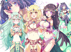  4girls :d ;o absurdres alternate_color animal_ears armlet black_hair blonde_hair blue_eyes blue_gemstone blue_hair blunt_bangs blush breasts brooch circlet clear_(princess_connect!) cleavage closed_mouth commentary cosplay dancer dot_mouth fingerless_gloves flat_chest gem gloves green_eyes green_gemstone green_hair groin hair_between_eyes hair_ornament harem_outfit highres jewelry large_breasts lily_(princess_connect!) long_hair low-tied_long_hair medium_breasts messy_hair misora_(princess_connect!) multiple_girls navel one_eye_closed open_mouth pelvic_curtain pig_ears pig_girl precia_(princess_connect!) princess_connect! purple_eyes purple_gemstone saren_(princess_connect!) saren_(princess_connect!)_(cosplay) saren_(sarasaria)_(princess_connect!) see-through see-through_sleeves small_breasts smile stomach white_background wing_hair_ornament yamada_(hvcij) yellow_eyes 