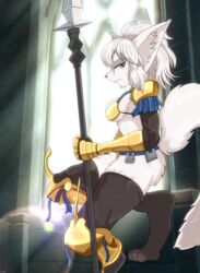  2024 5_fingers absurd_res anthro armor armwear ass big_butt black_armwear black_clothing black_legwear black_nose black_stockings blue_eyes breasts canid canine clothed clothing crouching detailed_background dinah_(unicorn_overlord) female fingers fox frown fur gloves hair handwear hi_res holding_melee_weapon holding_object holding_polearm holding_spear holding_weapon inner_ear_fluff inside kosaburou_(artist) legwear looking_at_viewer mammal melee_weapon polearm pose side_boob side_view skimpy solo spear stockings thick_thighs tuft unicorn_overlord vanillaware weapon white_body white_fur white_hair white_inner_ear yellow_armwear yellow_clothing yellow_gloves yellow_handwear 