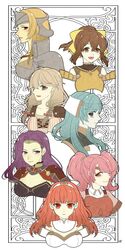  6+girls armor bare_shoulders blonde_hair bow braid breastplate breasts brown_hair celica_(fire_emblem) cleavage commentary_request delthea_(fire_emblem) earrings fangs faye_(fire_emblem) fire_emblem fire_emblem_echoes:_shadows_of_valentia green_eyes green_hair helmet highres jewelry kaiji0324 long_hair low-braided_long_hair low-tied_long_hair mae_(fire_emblem) mathilda_(fire_emblem) medium_breasts multiple_girls one_eye_closed open_mouth purple_eyes purple_hair sonya_(fire_emblem_gaiden) tatiana_(fire_emblem) tiara white_background 