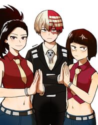  1boy 2girls absurdres bare_shoulders black_hair blush boku_no_hero_academia burn_scar closed_mouth collared_shirt commentary_request cosplay crop_top death_the_kid death_the_kid_(cosplay) elizabeth_thompson elizabeth_thompson_(cosplay) formal hair_pulled_back highres jirou_kyouka korean_commentary long_hair long_sleeves looking_at_viewer midriff multicolored_hair multiple_girls navel necktie note_(newb04) own_hands_together patricia_thompson patricia_thompson_(cosplay) ponytail red_hair scar scar_on_face shirt short_hair simple_background skull sleeveless smile soul_eater split-color_hair striped suit todoroki_shouto two-tone_hair white_background white_hair yaoyorozu_momo 