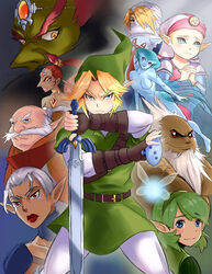  bad_tumblr_id bald bare_shoulders beard blonde_hair blue_eyes breasts brown_dress covered_mouth dark_skin darunia dress facial_hair facial_mark fighting_stance fingerless_gloves fish_girl forehead_jewel frown ganondorf gerudo gloves green_eyes green_hair green_hairband green_skin hairband hat headdress highres impa instrument interlocked_fingers jewelry link lipstick makeup mascara master_sword medium_breasts melisa_amaro monster_girl moustache nabooru navi ocarina pointy_ears ponytail princess_ruto princess_zelda rauru red_eyes red_hair red_lipstick saria sheik silver_hair smile the_legend_of_zelda the_legend_of_zelda:_ocarina_of_time triforce young_zelda 