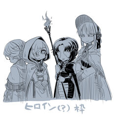  4girls anastacia_of_astora bloodborne bonnet capelet commentary_request dark_souls_(series) dark_souls_i dark_souls_ii demon&#039;s_souls emerald_herald hair_bun hair_over_one_eye hood long_hair maiden_in_black monochrome multiple_girls murai_shinobu open_mouth plain_doll single_hair_bun smile staff trait_connection translated 