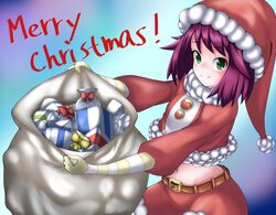  bangs belt blush box christmas female gift gift_box green_eyes hat hibiki_misora holding holding_sack merry_christmas midriff misaki_yuuma navel purple_hair red_hat rockman ryuusei_no_rockman sack santa_costume santa_hat short_hair shorts smile solo 