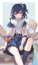  belt black_belt black_hair black_socks blue_necktie blue_skirt blush bow chair collared_shirt commentary desk feet_out_of_frame female green_necktie hair_between_eyes hair_ornament hairbow hairclip highres idolmaster idolmaster_shiny_colors jacket kneehighs long_hair long_sleeves looking_at_viewer morino_rinze mouth_hold necktie necktie_in_mouth off_shoulder on_desk one_side_up plaid plaid_skirt red_eyes revision school_chair school_desk serika shirt simple_background single_kneehigh single_sock sitting skirt skirt_tug smile socks solo striped striped_bow stuffed_toy unworn_necktie white_jacket white_shirt wristband 