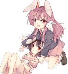  2girls :d animal animal_ears black_footwear black_hair blazer carrot_necklace closed_mouth collared_shirt commentary cycloneyukari dress floppy_ears holding holding_animal inaba_mob_(touhou) inaba_tewi jacket jewelry kneeling knees_up long_hair long_sleeves looking_at_viewer lying multiple_girls necklace necktie on_back open_mouth pink_dress pink_skirt purple_hair rabbit rabbit_ears red_eyes red_necktie reisen_udongein_inaba shirt short_hair short_sleeves skirt smile touhou white_legwear white_shirt 