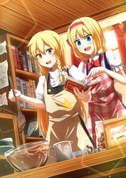  2girls absurdres alice_margatroid apron back_bow bad_id bad_pixiv_id bag baking black_vest blonde_hair blue_eyes blue_vest blush book bookshelf bow braid chocolate collared_shirt cookie_cutter hand_on_another&#039;s_shoulder headband highres holding holding_book kirisame_marisa multiple_girls notes open_book open_mouth paper puffy_short_sleeves puffy_sleeves red_bow red_headband shimotsuki_aoi shirt short_hair short_sleeves smile star_(symbol) table touhou turtleneck vest white_bow white_shirt window wooden_ceiling yellow_eyes 