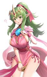  ? absurdres blush breasts brooch commentary_request confused cowboy_shot crown dragonstone dress dress_tug female fire_emblem fire_emblem_awakening fire_emblem_heroes gonzarez green_eyes green_hair highres jewelry large_breasts long_hair official_alternate_costume open_mouth pink_dress pointy_ears ponytail pulling short_dress sideboob sidelocks simple_background solo standing thighs tiara tiki_(adult)_(fated_divinity)_(fire_emblem) tiki_(adult)_(fire_emblem) tiki_(fire_emblem) white_background wide_hips 