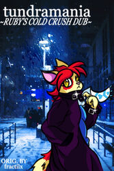  2000s_theme :&lt; album_cover anthro bemani city clothing coat cover cover_art domestic_cat felid feline felis female hair hi_res konami mammal music red_hair ruby_mello_(dynamitegrizzly) rubyyoulazycat scarf snow solo topwear trenchcoat turkish_van winter y2k_(graphic_design) yellow_eyes 