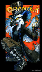  2008 amara_telgemeier anthro avian beak bird black_border blue_body blue_feathers blue_jay boots border bottomwear canid canine canis clock clothed clothing con_badge corvid feathers female footwear hat headgear headwear hybrid jackal jacket jay_(bird) mammal new_world_jay orange04_(character) orange_background orange_eyes oscine pants passerine pocketwatch simple_background solo text top_hat topwear url watch wings yellow_sclera 