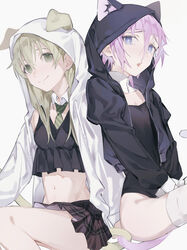  1other absurdres animal_ears black_jacket blue_eyes breasts cat_ears choppy_bangs crona_(soul_eater) crop_top dog_ears female frilled_shirt frills frown green_eyes hair_between_eyes highres hood hood_up hooded_jacket jacket looking_at_viewer maka_albarn medium_hair navel necktie one-piece_swimsuit open_mouth pink_hair pleated_skirt shirt short_hair shoulder-to-shoulder shy simple_background skirt small_breasts smile soul_eater swimsuit tail thighhighs white_background white_jacket white_thighhighs yamasodachi55 