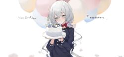  absurdres artist_name bad_id bad_pixiv_id balloon birthday_cake blue_eyes buttons cake closed_mouth dress female food happy_birthday haru_on highres konno_junko low_twintails sailor_collar sailor_dress solo twintails white_background white_hair zombie_land_saga 