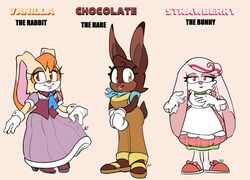  2022 anthro apron artisyone blue_kerchief blue_neckerchief boots brown_body brown_eyes brown_fur clothed clothing colored curtsey dress english_text fan_character female floppy_ears footwear fur gloves group hair hand_on_ear handwear hare hi_res high_heels kerchief lagomorph leporid long_ears looking_at_viewer mammal neckerchief orange_hair overalls pink_body pink_clothing pink_dress pink_eyes pink_fur plaid purple_clothing purple_dress rabbit sega shoes simple_background slippers smile sonic_the_hedgehog_(series) standing tan_body tan_fur text trio vanilla_the_rabbit white_clothing white_gloves white_handwear yellow_clothing 