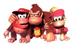  1995 3_toes 3d_(artwork) 4_fingers 5_fingers all_fours alpha_channel anthro ape arm_around_shoulders arm_grab baseball_cap belly beret biped black_eyeliner black_eyes blonde_hair bottomless brown_body brown_fur clothed clothing colored_nails conjoined_eyes diddy_kong digital_media_(artwork) dixie_kong donkey_kong_(character) donkey_kong_(series) drill_curls eyebrows eyelashes eyeliner facial_markings feet female fingernails fingers fist front_view full-length_portrait fur fur_tuft gloves_(marking) green_eyes group hair hand_on_shoulder haplorhine happy hat head_markings head_tilt head_tuft headgear headwear hi_res hug kong leaning leg_markings light light_body light_skin lighting looking_at_viewer makeup male mammal markings mostly_nude multicolored_body muzzle_(marking) nails navel necktie nintendo official_art open_mouth open_smile pink_clothing pink_fingernails pink_hat pink_headwear pink_nails pink_toenails pink_tongue pink_topwear plantigrade ponytail portrait primate red_clothing red_hat red_headwear red_shirt red_topwear semi-anthro shadow shirt simple_background slightly_chubby smile snout snout_markings socks_(marking) standing tan_body tan_markings tan_skin text_on_necktie toenails toes tongue topwear transparent_background tuft two_tone_body unibrow unknown_artist 