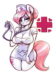  3:4 anthro big_breasts breasts cleavage clothed clothing equid equine female friendship_is_magic fully_clothed hasbro heart_symbol hi_res holding_stethoscope horse looking_at_viewer mammal medical_instrument my_little_pony noupie nurse nurse_redheart pony scientific_instrument simple_background solo stethoscope white_background wide_hips 