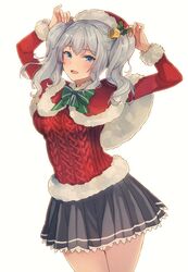  alternate_costume arms_up bell black_skirt blue_eyes bow bowtie capelet christmas commentary cowboy_shot female fur-trimmed_capelet fur-trimmed_headwear fur-trimmed_sleeves fur-trimmed_sweater fur_trim green_bow green_bowtie grey_hair hair_bell hair_ornament hat highres kantai_collection kashima_(kancolle) kasumi_(skchkko) long_hair long_sleeves looking_at_viewer open_mouth pleated_skirt red_capelet red_hat red_sweater santa_costume santa_hat simple_background skirt smile solo standing sweater twintails wavy_hair white_background 