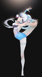  absurdres arabesque_(pose) armpits arms_up bad_id bad_pixiv_id ballerina black_background blue_eyes blue_hair blunt_bangs dancing feet female fingerless_gloves flexible full_body genshin_impact gloves highres kamisato_ayaka leg_up legs leotard long_hair looking_at_viewer pantyhose ponytail simple_background smile thighs white_legwear wucanming 