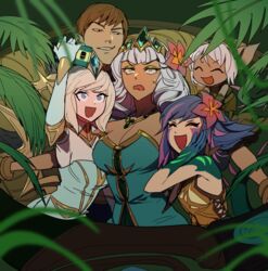  1boy 4girls animal_ears bare_shoulders blonde_hair blue_dress blue_hair breasts brother_and_sister brown_hair chameleon_girl cleavage closed_eyes confused crown dress elementalist_lux eyeshadow facial_mark facial_tattoo flower garen_(league_of_legends) green_dress hair_flower hair_ornament hand_on_own_cheek hand_on_own_face holding holding_phone holding_weapon jewelry jungle large_breasts leaf league_of_legends looking_at_object looking_at_viewer lux_(league_of_legends) makeup medium_breasts medium_hair multiple_girls nature necklace neeko_(league_of_legends) open_mouth outdoors outstretched_arms phone qiyana_(league_of_legends) short_hair siblings smile sweatdrop tattoo tristana v-shaped_eyebrows weapon white_hair yellow_eyes zaket07 