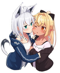  2girls ahoge alternate_costume animal_ears biting blonde_hair blush bow cheek_biting collarbone commentary earrings elf fox_ears fox_girl fox_tail green_eyes hair_between_eyes hairbow highres holding hololive jersey jewelry long_hair multiple_girls one_eye_closed open_mouth pointy_ears red_eyes sasaki_(glass1138) shirakami_fubuki shiranui_flare shirt sidelocks simple_background sportswear symbol-only_commentary tail virtual_youtuber white_background white_hair white_shirt yuri 