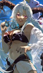  beach between_breasts bikini black_bikini black_horns blue_sky bone_print breasts cleavage clothes_between_breasts dark-skinned_female dark_skin day dragon_horns draph eyeshadow fangs fediel_(granblue_fantasy) fediel_toy female front-tie_bikini_top front-tie_top granblue_fantasy grey_hair highres horn_ornament horn_ribbon horns ikenotori large_breasts long_hair looking_at_viewer makeup navel oerba_yun_fang outdoors print_bikini purple_eyeshadow ribbon round_eyewear sky smile solo stomach stuffed_animal stuffed_toy sunlight swimsuit tall_female 