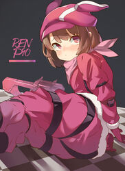  arms_behind_back ass blush brown_eyes brown_hair bullpup character_name female gloves gun hat highres jacket llenn_(sao) p-chan_(p90) p90 pants pink_gloves pink_hat pink_jacket pink_pants pink_weapon sakurami_sumi short_hair sitting solo submachine_gun sword_art_online sword_art_online_alternative:_gun_gale_online thigh_strap weapon 