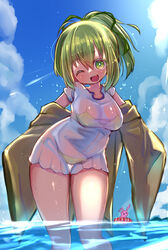  bikini blush breasts commentary_request day duel_monster female green_bikini green_eyes green_hair highres one_eye_closed open_mouth outdoors robe see-through see-through_shirt shirt swimsuit water wynn_(yu-gi-oh!) wynn_the_wind_charmer yaibaken yu-gi-oh! 