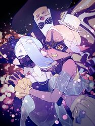  1boy 2girls :d ascot bare_shoulders big_man_(splatoon) black_ascot black_bow black_bowtie black_dress black_gloves black_hat black_mask blonde_hair blue_hair blue_shawl bow bowtie cephalopod_eyes collarbone colored_eyelashes colored_tongue commentary_request covered_navel cowboy_shot crop_top dark-skinned_female dark_skin domino_mask dress elbow_gloves english_commentary fangs frilled_wrist_cuffs frills frye_(splatoon) gloves gradient_hair hair_ornament hair_over_one_eye hair_tie hat hat_ribbon holding_hands inkling light_particles long_hair manta_ray mask mini_hat mini_top_hat mixed-language_commentary mouth_mask multicolored_hair multiple_girls octoling official_alternate_costume one_eye_covered open_mouth pale_skin pants polka_dot_bowtie purple_hair red_eyes ribbon saiano see-through see-through_mask see-through_shawl shawl shirt shiver_(splatoon) short_eyebrows sleeveless sleeveless_shirt smile splatoon_(series) splatoon_3 star-shaped_pupils star_(symbol) strapless strapless_dress suction_cups symbol-shaped_pupils tentacle_hair tentacle_hair_ornament top_hat two-tone_hair white_hat wrist_cuffs x_hair_ornament yellow_eyes yellow_pants yellow_ribbon yellow_shirt yellow_tongue yellow_wrist_cuffs 