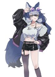  absurdres animal_ears belt blue_hair camisole dire_wolf_(kemono_friends) extra_ears female garter_straps grey_eyes highres jacket jewelry kemono_friends kemono_friends_v_project kunikuni_(kunihiro2005) long_hair looking_at_viewer navel necklace ribbon shorts simple_background solo sunglasses tail thighhighs twintails virtual_youtuber wolf_ears wolf_girl wolf_tail 