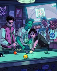  3boys 3girls 8-ball aged_up alcohol ball bar_(place) baseball_cap beast_boy_(dc) beer beer_can billiard_ball billiards blonde_hair blue_eyes breaking_news can colored_skin cue_stick cyborg cyborg_(dc) dark-skinned_male dark_skin dc_comics dick_grayson drink_can earrings english_text fingerless_gloves flat_screen_tv forehead_jewel gabriel_picolo gloves green_eyes green_skin grey_gloves hat heart heart-shaped_eyewear heineken highres holding holding_can holding_cue_stick hood hood_down jacket jewelry letterman_jacket life_magazine looking_over_eyewear money multiple_boys multiple_girls nasa_logo neon_lights news pointy_ears pool_table poster_(object) raven_(dc) robin_(dc) shirt starfire sticker stud_earrings sunglasses table teen_titans television terra_(dc) wanted watch watching_television white_shirt wristwatch 